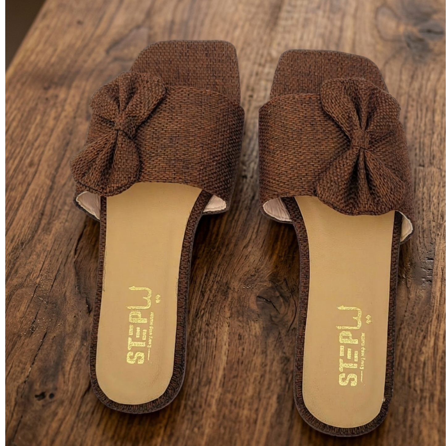 Brown Rexine Bow Flat Slides for Women