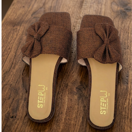 Brown Rexine Bow Flat Slides for Women