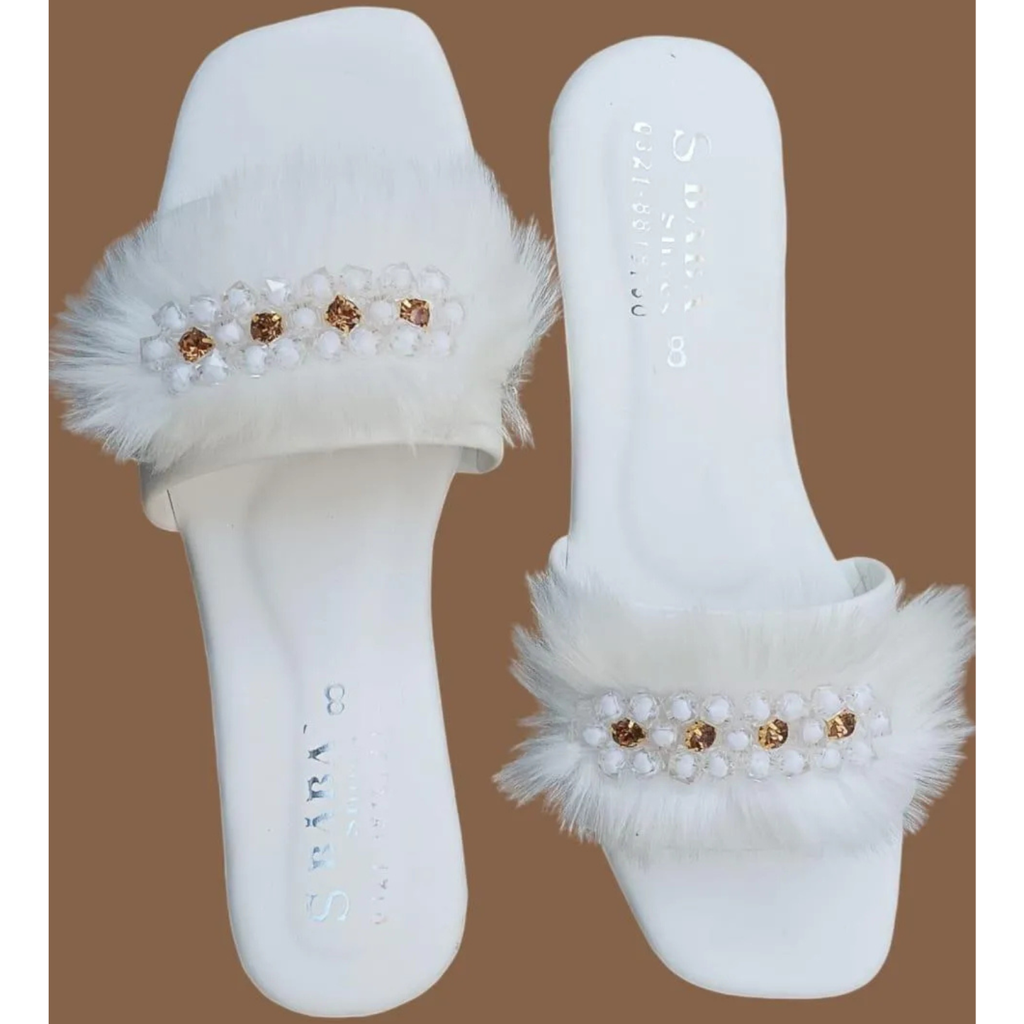 White Fluffy Slippers with Crystal Embellishments for Women
