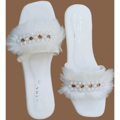 White Fluffy Slippers with Crystal Embellishments for Women