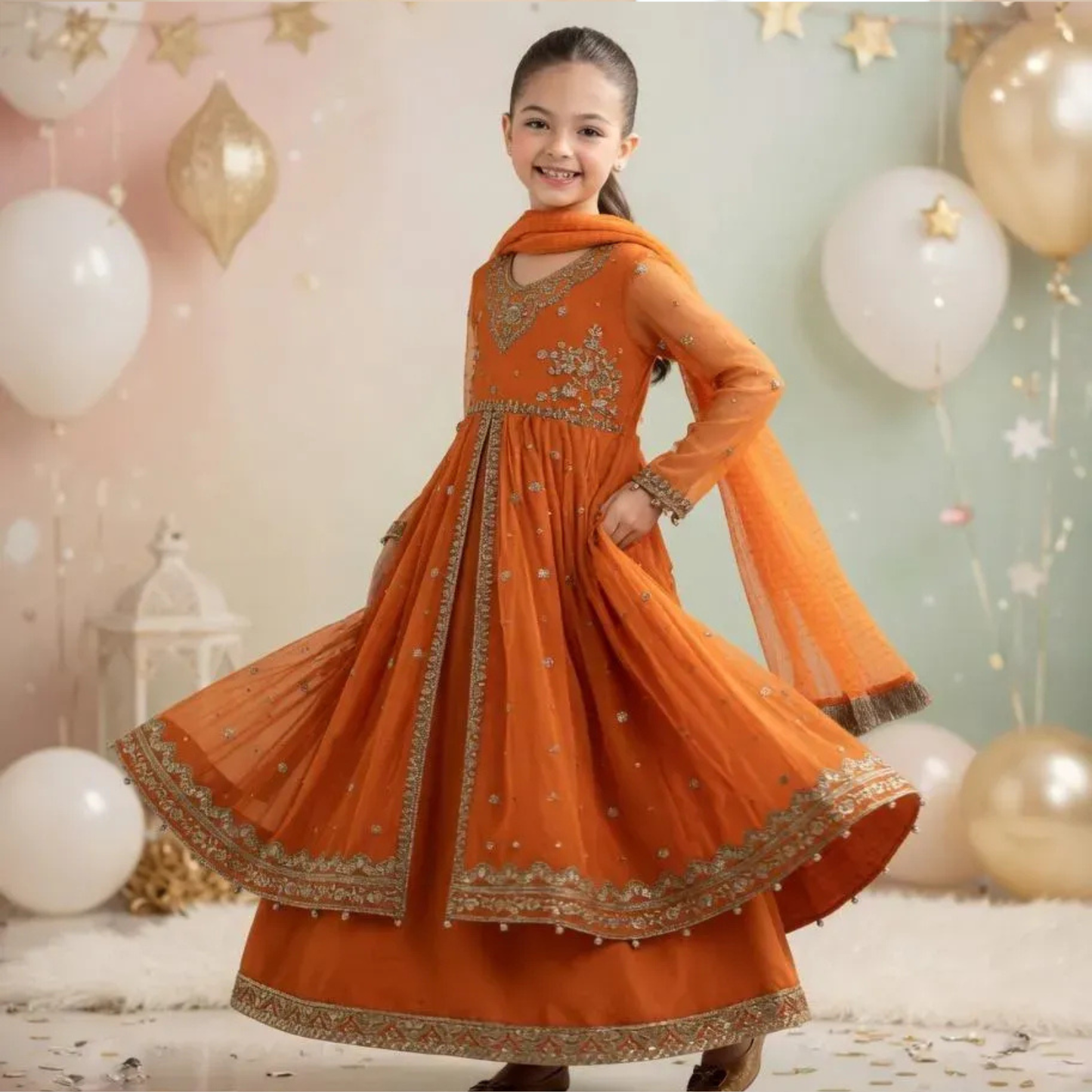 Orange Embroidered Lawn 3Pcs Set for Girls 3-4Yrs