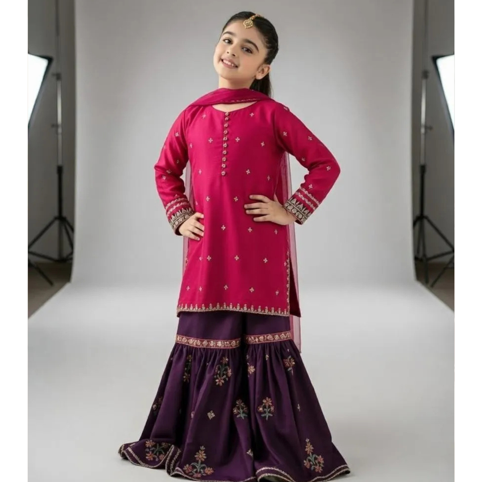 Girls Pink Embroidered Lawn 3-Piece Suit