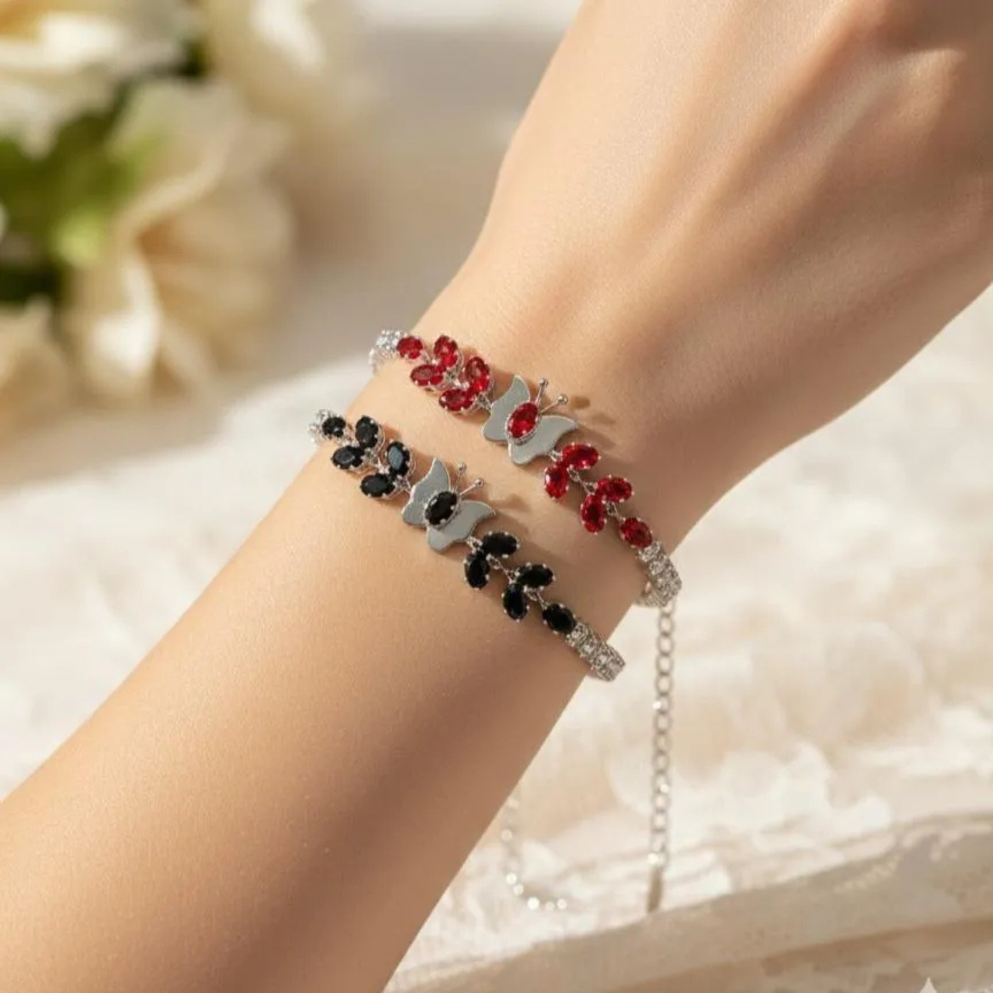 Silver Butterfly Bracelet with Red & Black Stones for Women