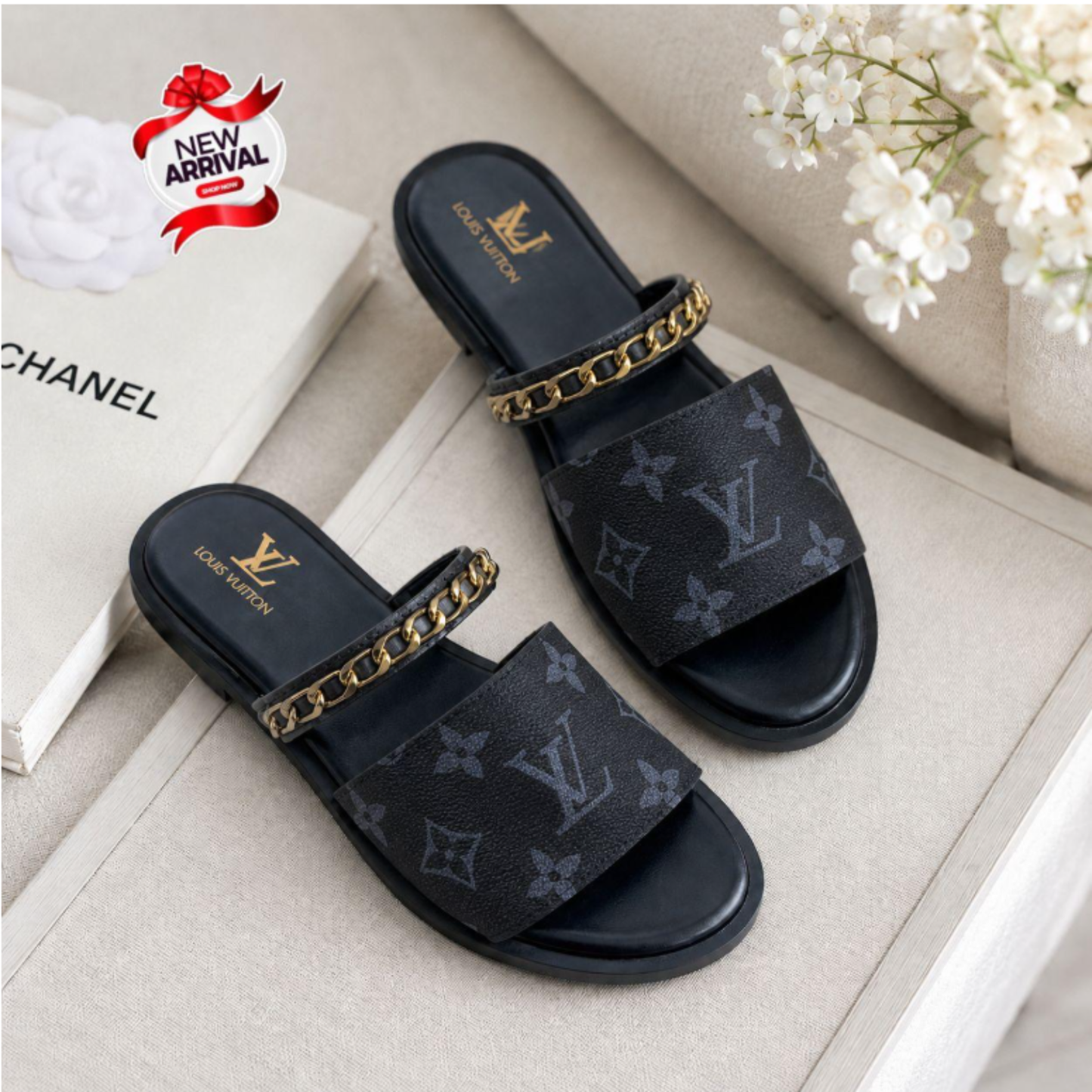 Luxury Monogram Designer Slipper with Chain Detail – Premium Edition