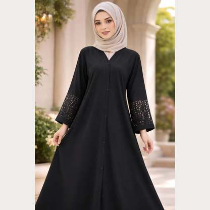 Plain Front Open Abaya with laserCut Sleeves