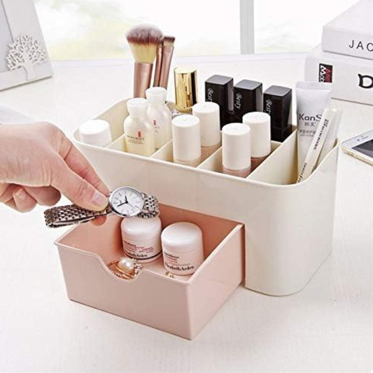 Plastic Makeup Organizer with Drawer | Desktop Cosmetics & Makeup Brush Storage Box | Office & Stationery Organizer