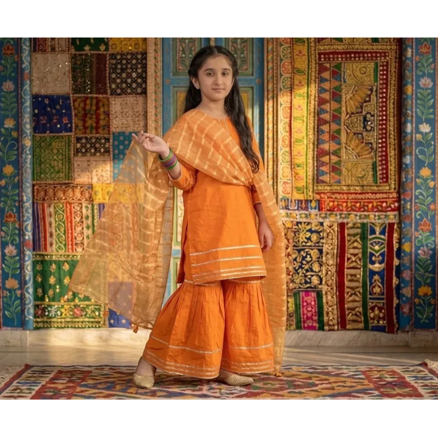 Orange Printed Kurta Pajama Set for Girls