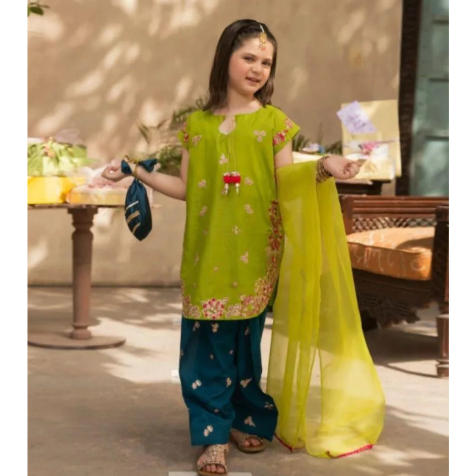Girls 3-Piece Kurta Shalwar Suit Green Yellow Embroidered Cotton