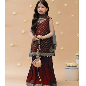 Maroon Embroidered 3-Piece Kurta Shalwar Suit for Girls 8-10Yrs