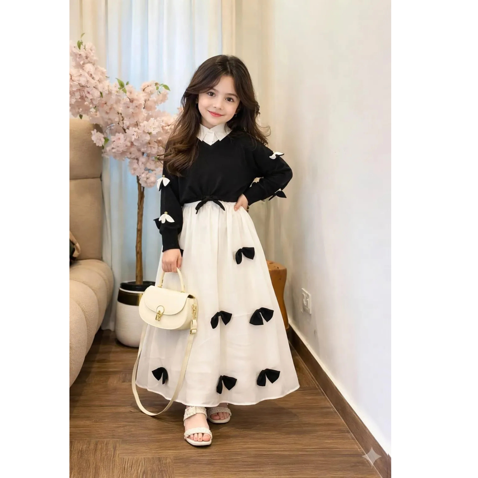 Kids Bow Western Maxi Top & Maxi Set Black White