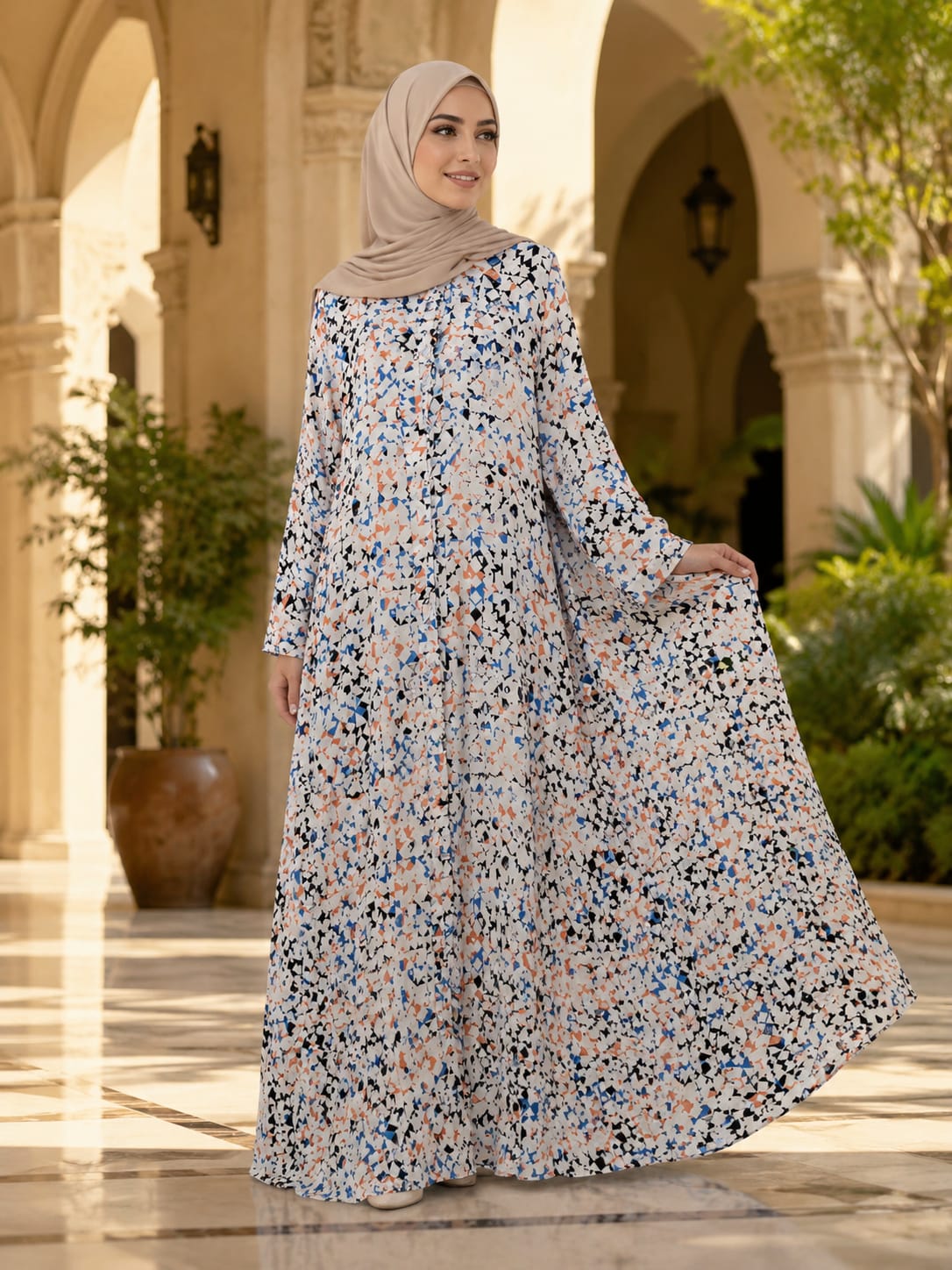 3D pixels Print Front Open Abaya with Pocket ..