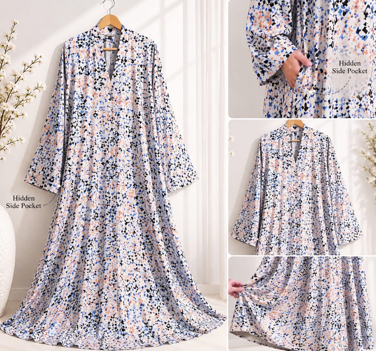 3D pixels Print Front Open Abaya with Pocket ..