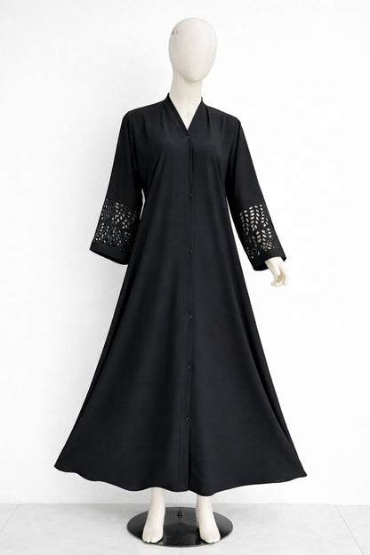 Plain Front Open Abaya with laserCut Sleeves