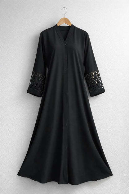 Plain Front Open Abaya with laserCut Sleeves