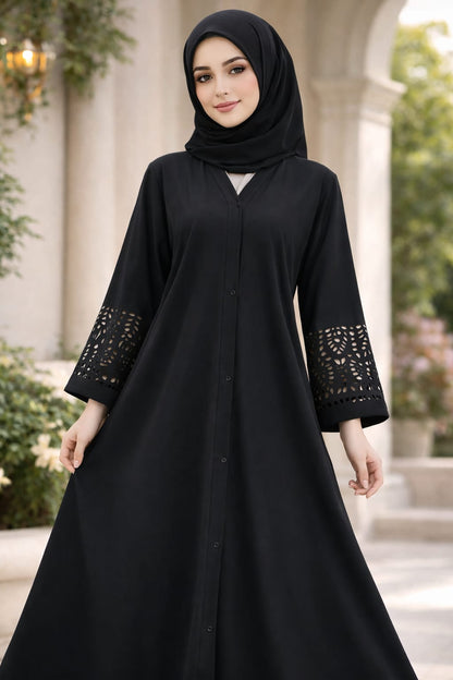 Plain Front Open Abaya with laserCut Sleeves