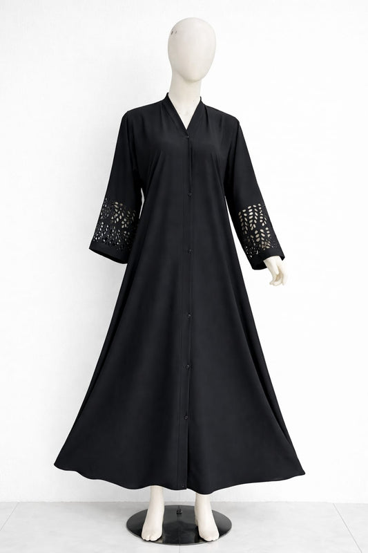 Plain Front Open Abaya with laserCut Sleeves