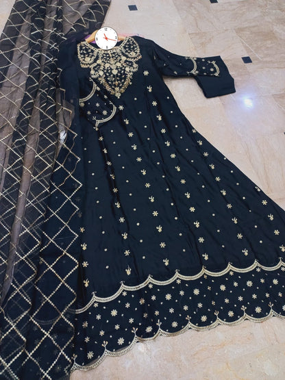 Heavy Neck,Border Embroidery With Handwork Long Maxi With Full Emb Dupatta 3Piece
