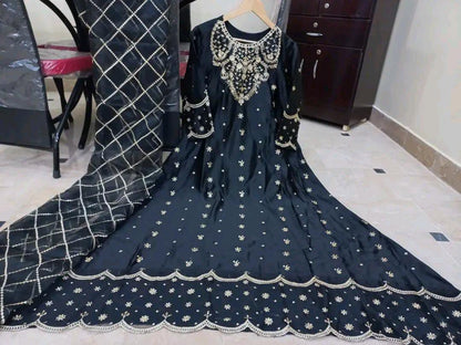 Heavy Neck,Border Embroidery With Handwork Long Maxi With Full Emb Dupatta 3Piece