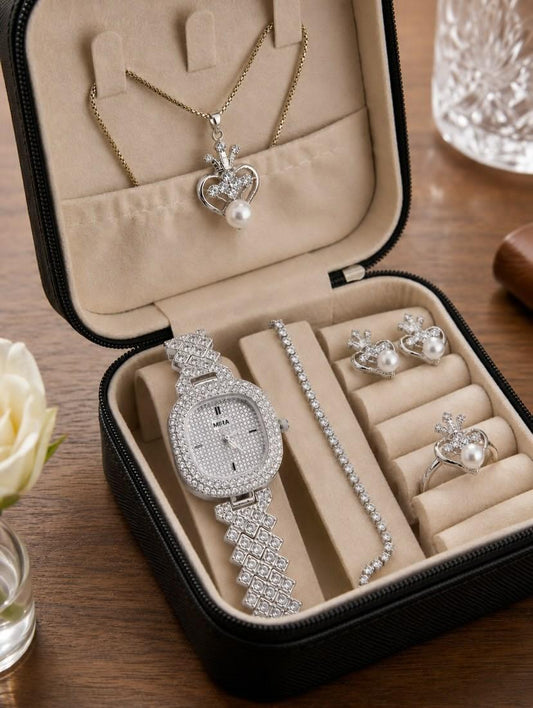 Ladies Gift Set With Fancy Beautiful Zircon Digital Watch With Micro Zircon Combo Set