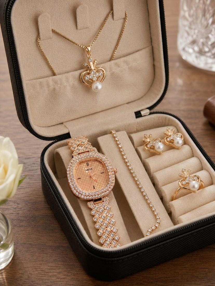 Ladies Gift Set With Fancy Beautiful Zircon Digital Watch With Micro Zircon Combo Set