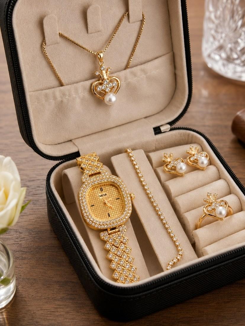 Ladies Gift Set With Fancy Beautiful Zircon Digital Watch With Micro Zircon Combo Set